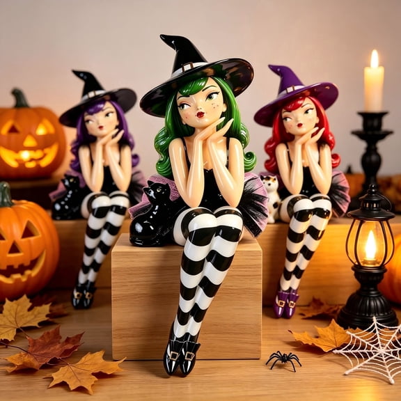 Purple Hair Shelf Sitter Witch Girl Figurine with Black Cat, Gothic Resin Edge Sitting Witch Statue with Witch Hat, Whimsical Halloween Tabletop Ornament, Decorations for Home, Mantel, Shelf & Office