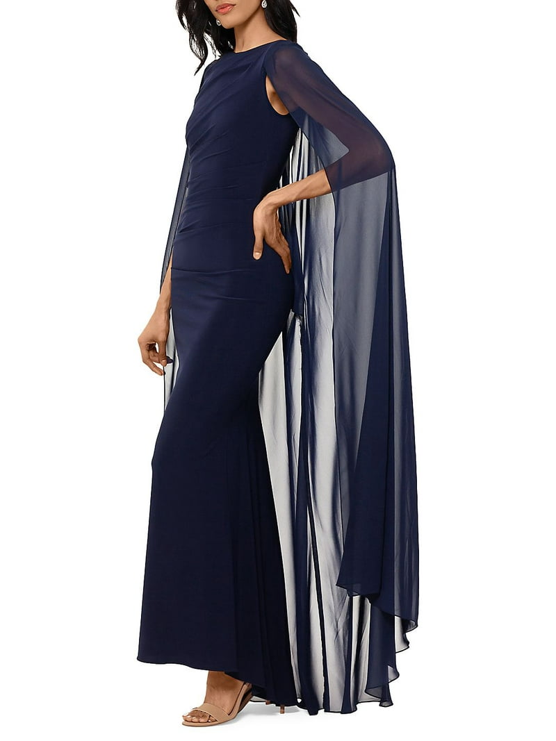 BETSY & ADAM Womens Navy Stretch Zippered Chiffon Cape Sleeveless Crew Neck  Full-Length Formal Sheath Dress 16 - Walmart.com