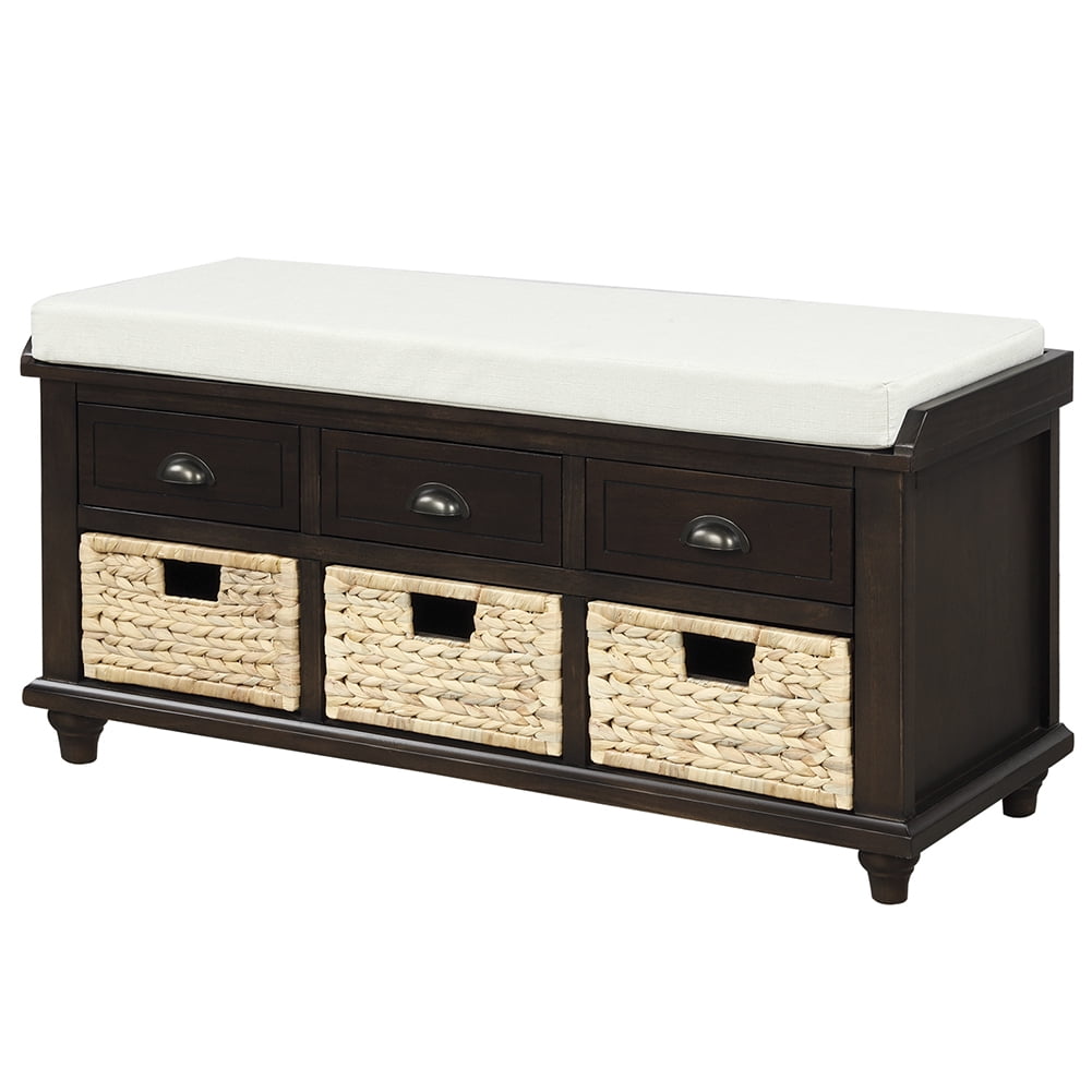 Lowestbest Shoe Bench with Removable Cushion, Rustic Storage Bench with 3 Drawers and 3 Rattan Baskets (Espresso) Lowestbest Shoe Bench with Removable Cushion, Rustic Storage Bench with 3 Drawers and 3 Rattan Baskets (Espresso)