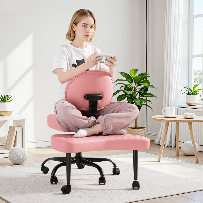 Lacoo Ergonomic Cross Legged Swivel Office Chair,ADHD & Meditation Chair with Retractable footrest,Adjustable Height with Back Support,PU Leather,Pink