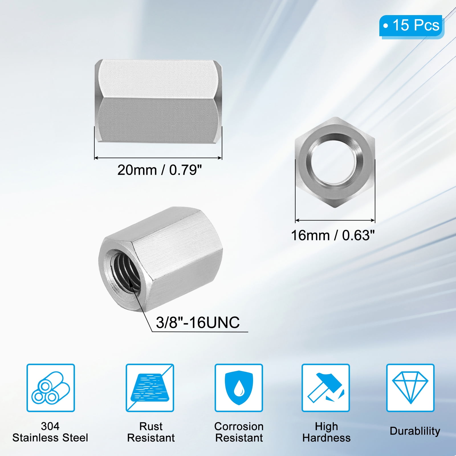 Uxcell 3/8"-16 UNC 304 Stainless Steel Hex Coupling Nuts, 15Pcs 0.8" Length Fully Threaded Rod Coupling Nut Studding Connector Fasteners, Silver Tone