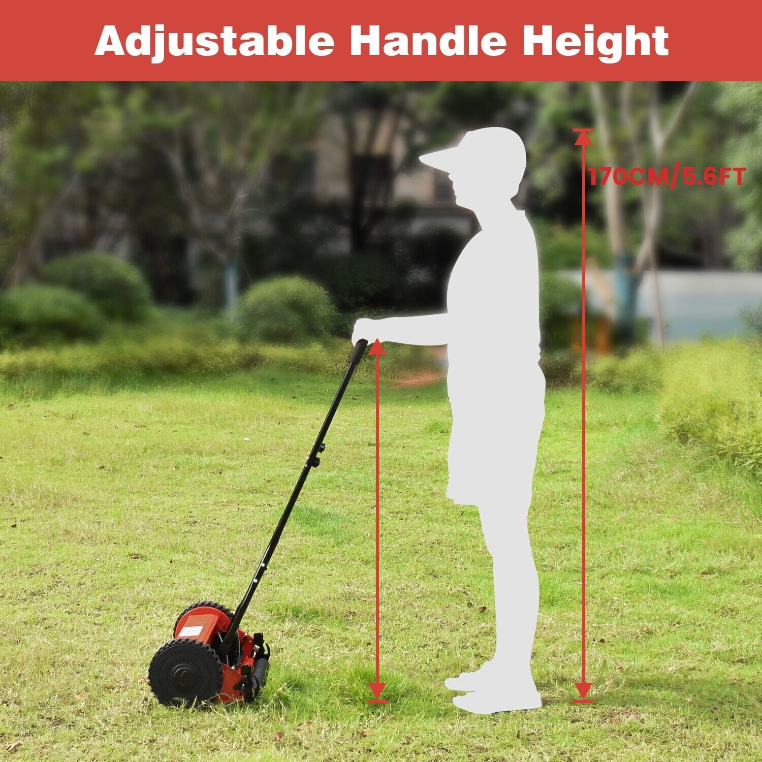 iMeshbean 14-Inch 5-Blade Manual Reel Lawn Mower, 2 Wheels Adjustable Handle Height Hand Push Lawn Catcher,High Efficiency Push Reel Lawn Mower, Red