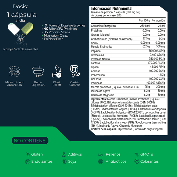 Tetra Enzimas Digestivas + 13 Probióticos y Prebióticos Eternal Nutrition 200 Cápsulas 550 mg