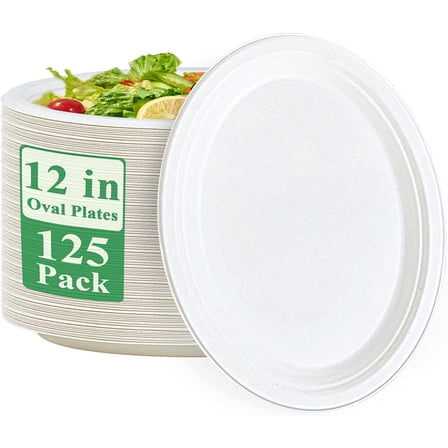 125-Pack 12” Oval 100% Compostable Paper Plates – Super Strong Natural Bagasse (Sugarcane) Biodegradable Eco-Friendly Plates for BBQ, Party, Dinner & Picnic