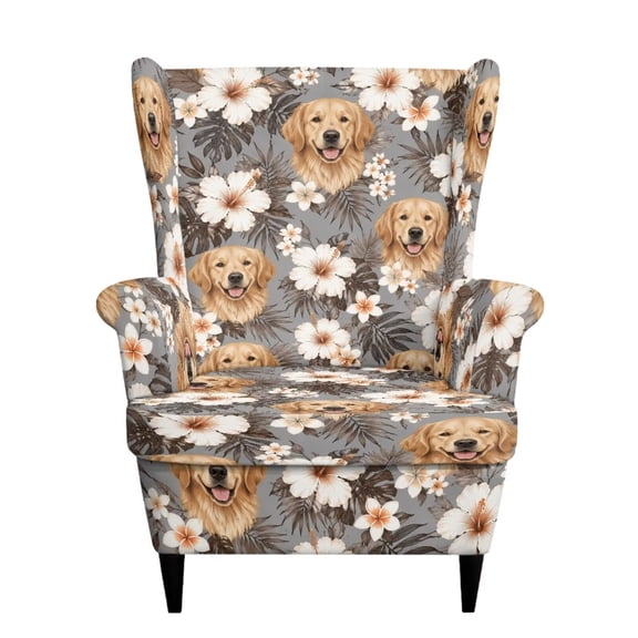Jiueut Golden Retriever Hibiscus Plumeria Palm Leaves Print Wingback Chair Slipcover 2-Piece Armchair Protector Soft Furniture Cover for Leather Fabric Armchair, Non-Slip Separate Cushion Cover
