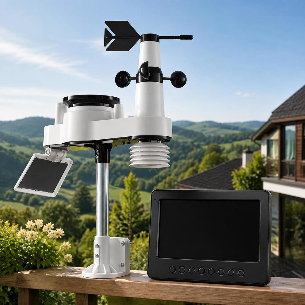 Weather Station 7-In-1 with 7-Inch TFT Display Wireless Solar-Assisted Outdoor Sensor Rain Gauge Wind Speed Humidity Monitoring