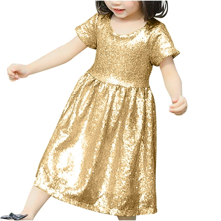 PXLKNZH 3-8Y Girls Sequin Dress Shiny Short Sleeve Midi Dress Sparkly  Glitter Birthday Party Dress Kids Graduation Dresses Gold,M - Walmart.com