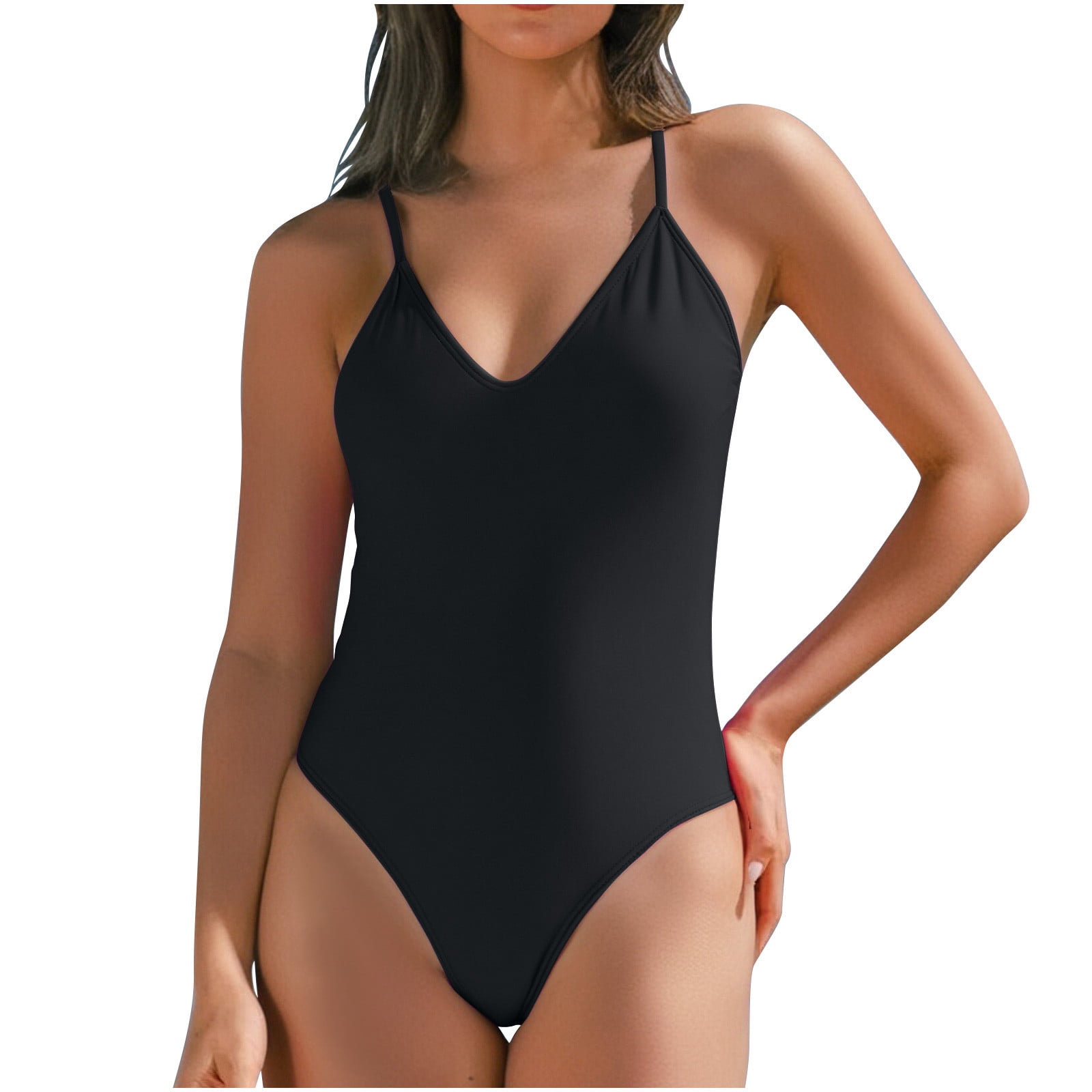 Women's One Piece Swimsuits Tummy Control Ruched Swimwear Solid Color V Neck Bathing Suit Black L