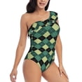 thumbnail image 3 of Haiem Green Squares Women's One Piece Swimsuits Tummy Control One Shoulder Bathing Suits Ruffle Swimwear-XX-Large, 3 of 8