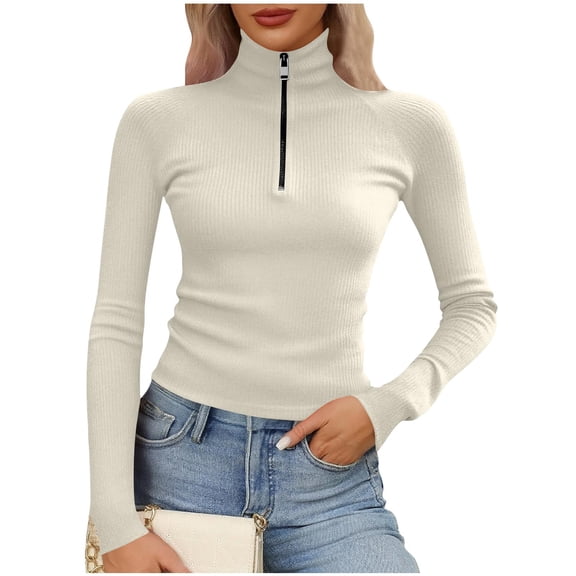 Lenpel Long Sleeve Shirts for Women Plus Size Turtleneck Half Zip Ribbed Knit Slim Crop Tops Fall Winter Clothes(White,X-Large)