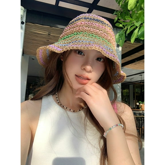 SikaFu Grass -Edited Fisherman Hats Straw Hats Female Summer Air -Breathable Large Eaves Shading Hat Can Fold The Seaside Sunscreen Cap
