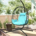 thumbnail image 3 of PAPROOS 2PCS Wicker Egg Chair, Indoor Outdoor Swing Chair with Stand and Removable Cushion, All-Weather Rattan Hanging Basket Chair Hammock Chair for Patio Balcony Porch Garden, Blue, 3 of 11