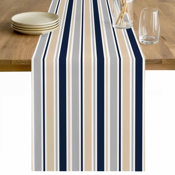 Beige Navy Blue Striped Table Runner - 36 Inch Long Farmhouse Stripes Modern Abstract Art Cotton and Linen Blended Dress Scarves Farmhouse Table Runner for Kitchen Dining, Coffee Table, 13" x 36"