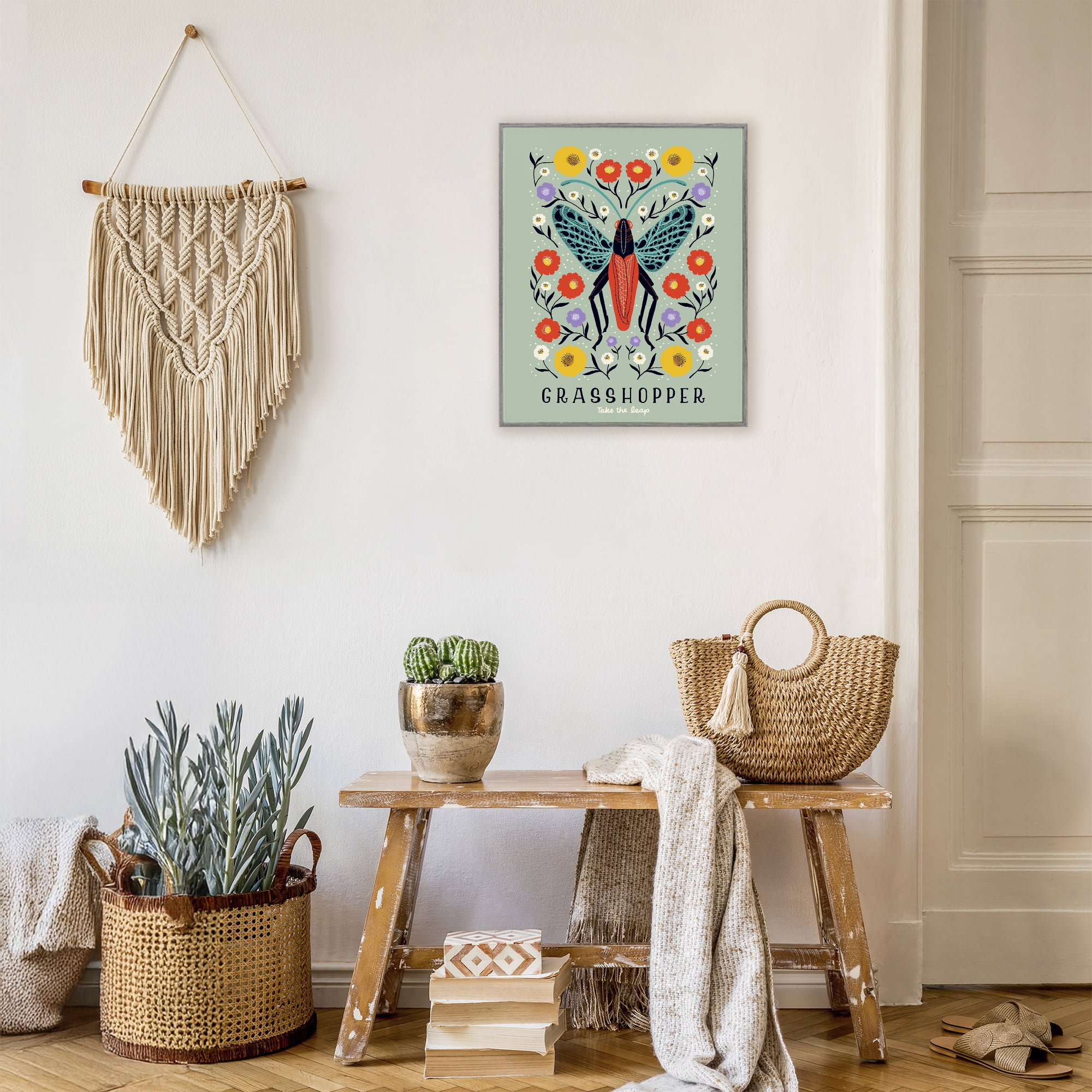 Stupell Industries Symmetrical Grasshopper with Blooms Gray Framed Giclee Art, design by Indira Prieto | IndySign