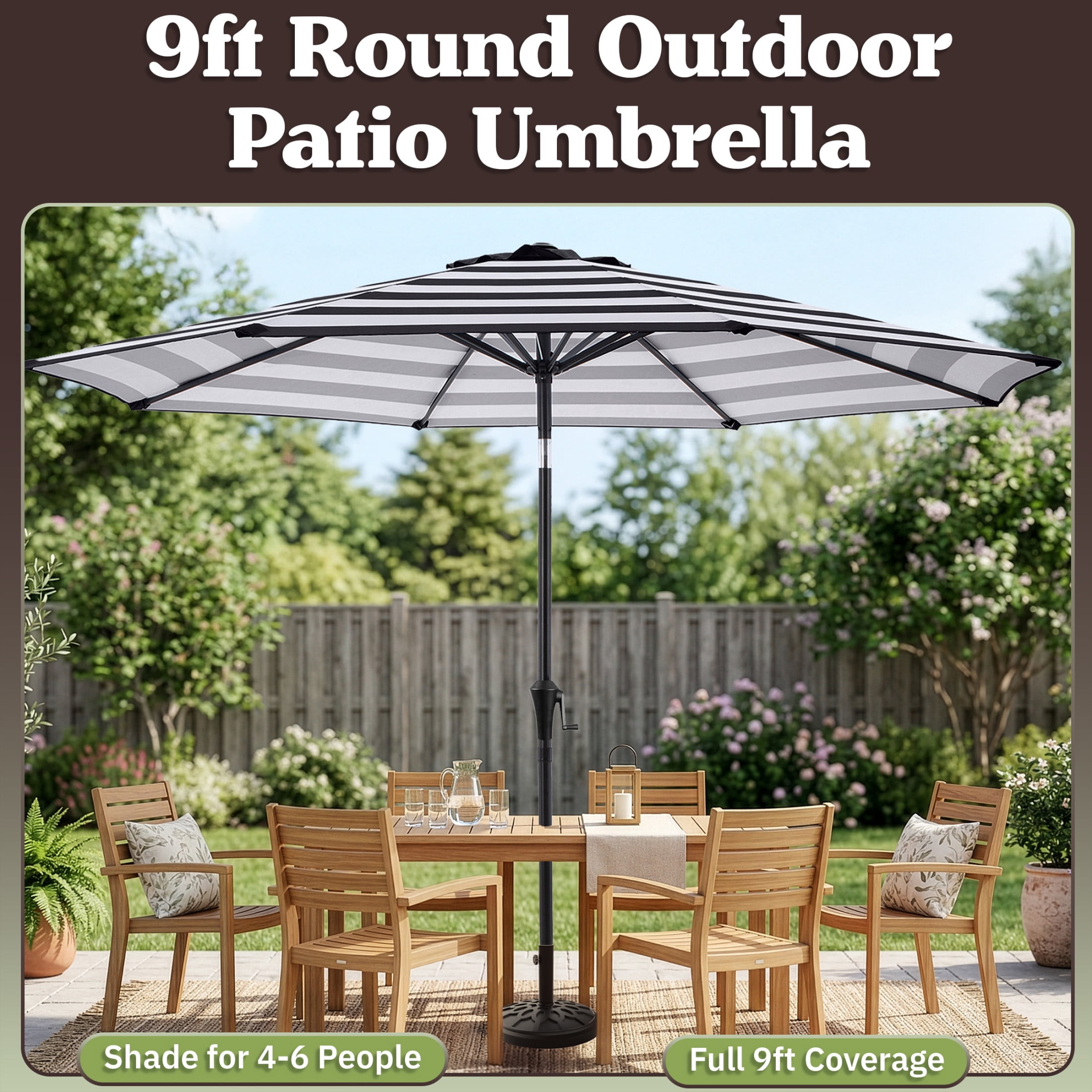 Pure Garden 9 Ft Patio Umbrella with 19lb Outdoor Base Included, Black Stripe