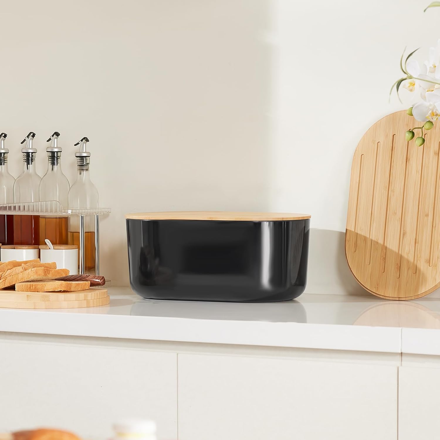 Large Bread Box for Kitchen Countertop,Fiber Bread Box With Thick Cutting Board Lid-Includes,Black Bread Storage for Homemade Container,Corner Bread Holder for Toast Bagel Donut Cookies