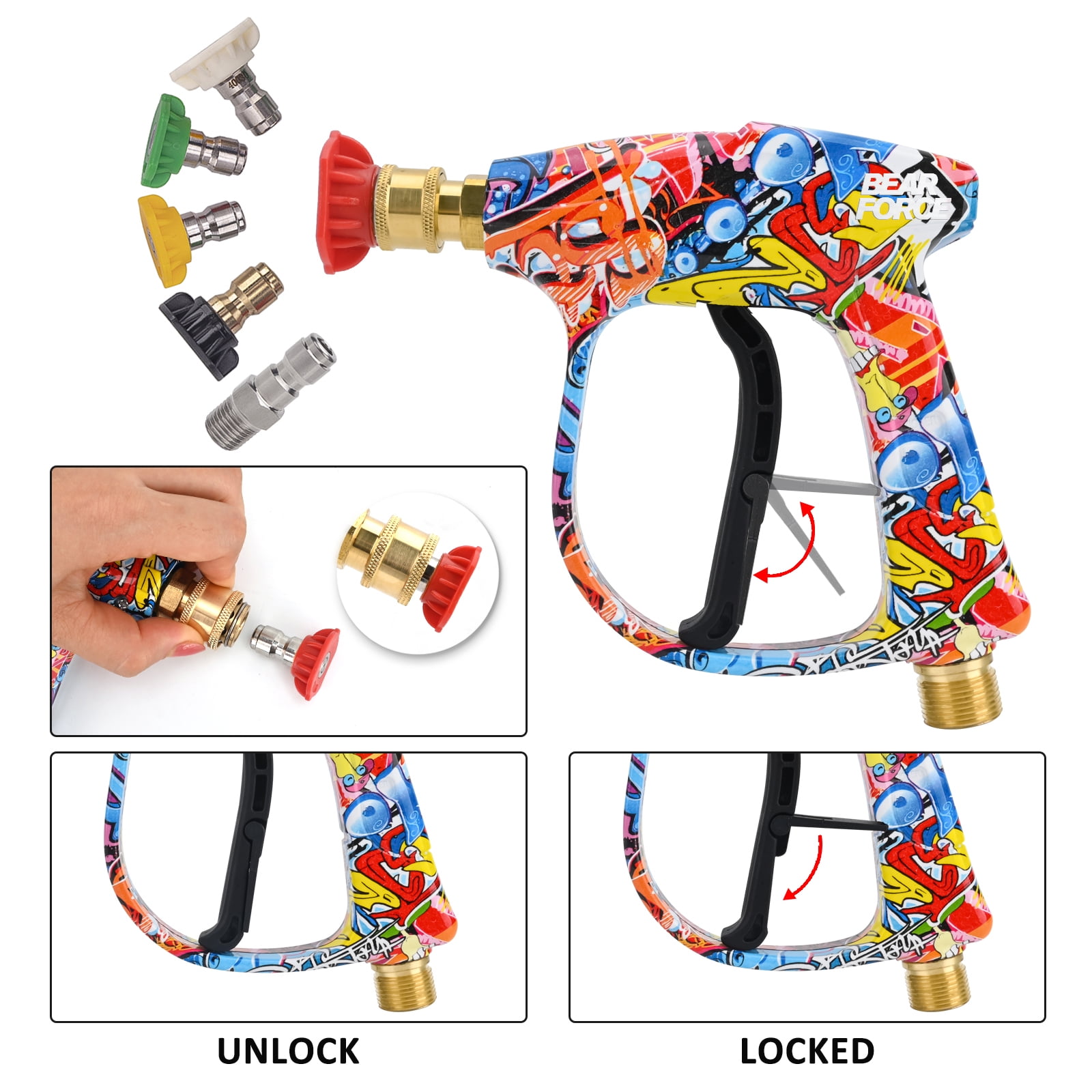 BEAR FORCE Pressure Washer Spray Gun Power Washer Short Gun with M22 Inlet-14mm & Foam Cannon Foam Gun with 5 Nozzles Tips #035 & 3/8'' Quick Connector, Additional Orifice Nozzle 1.10mm Car Washing