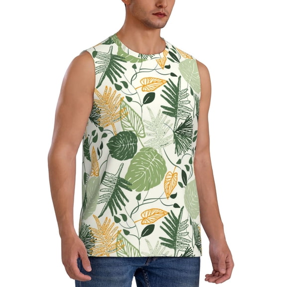 Fotbe Men's Hawaiian Style Print Men's Sleeveless Muscle Tank Tops Casual T-Shirts for Gym Workout Beach-Small