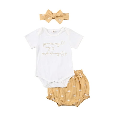

Tretra Baby Girls 3Pcs Summer Outfits Letter Romper + Bloomers + Headband Set