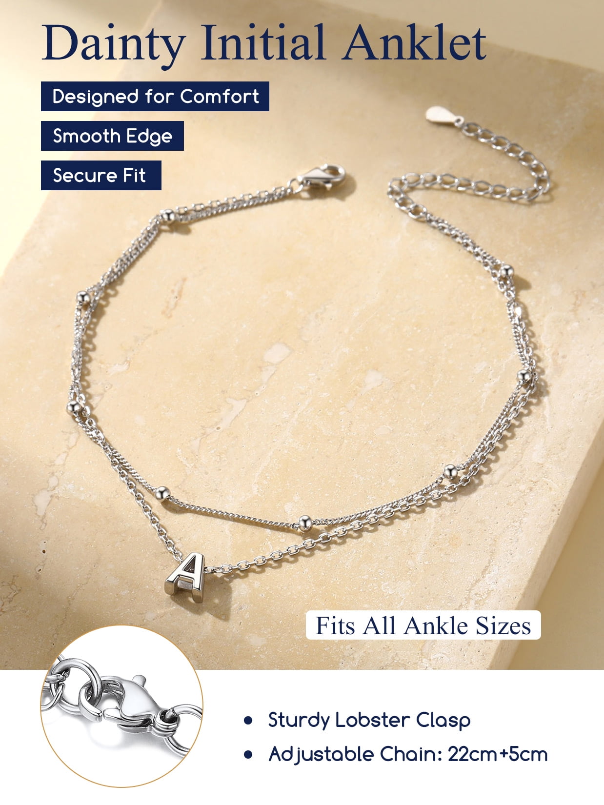 Suplight 925 Stelring Silver Double Layered Letter Chain Anklet Bracelets for Women Gift