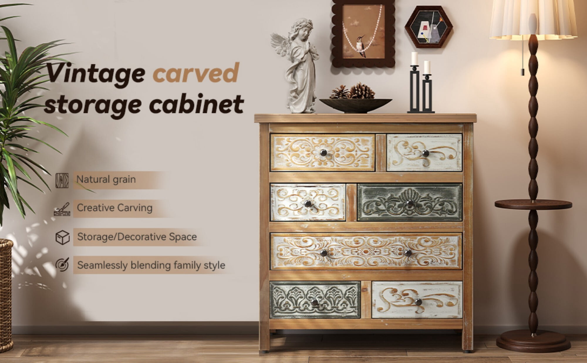 AENKYO Vintage 7-Drawer Dresser, Carved Wood Storage Chest, Distressed Finish for Bedroom & Living Room Farmhouse Decor
