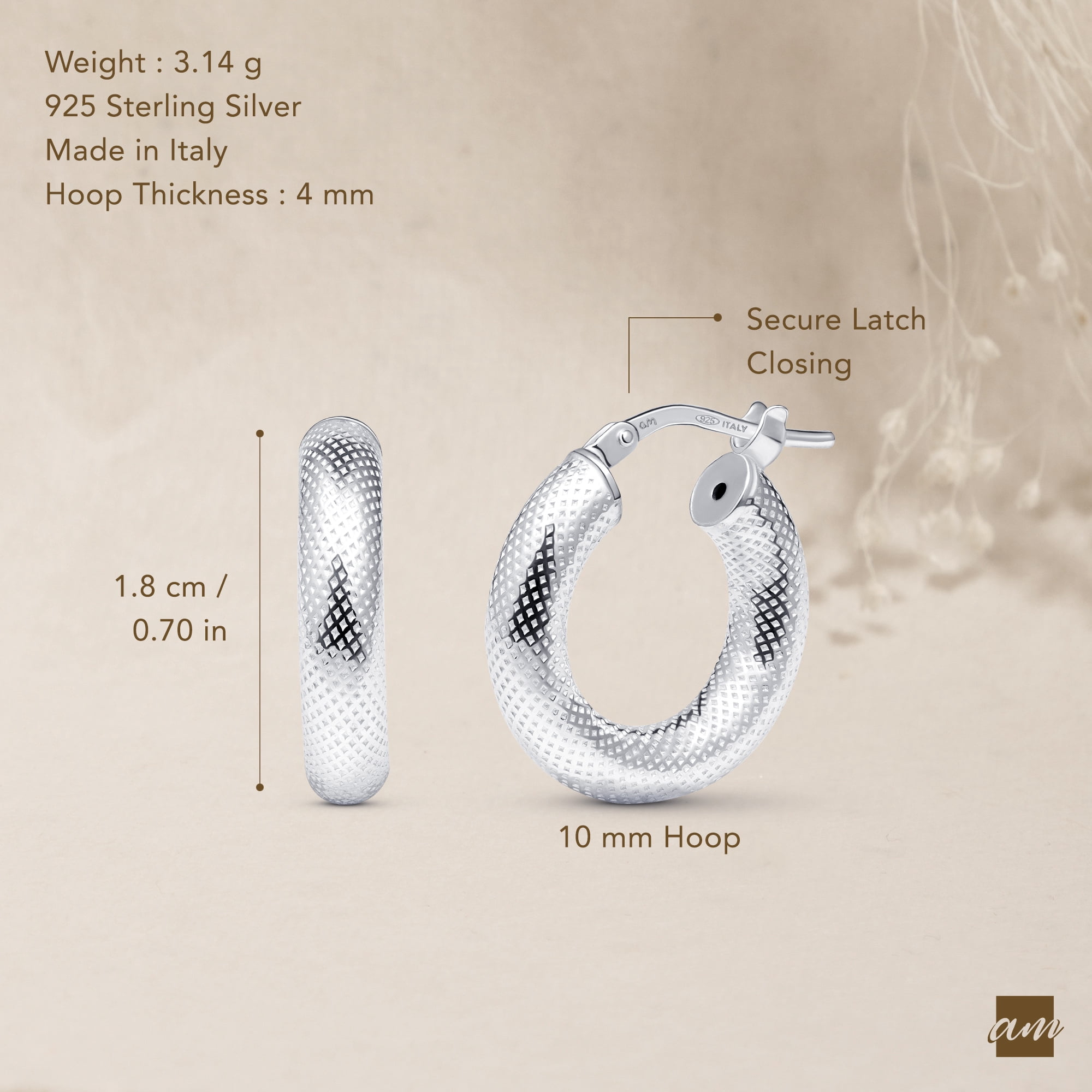Amberta Women 925 Sterling Silver Chunky Hoop Earrings: Textured Hoop Earrings 10 mm