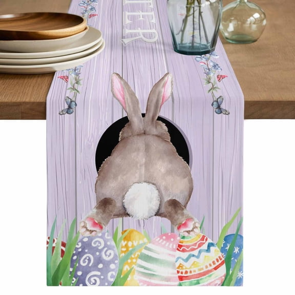 Table Runner 120 Inches Long for Kitchen Dining, Easter Bunny Dresser Scarf Farmhouse, Dining Table Decorations for Wedding/Parties, Colorful Eggs Cute Rabbit Purple Wooden Plank 13 x 120 In