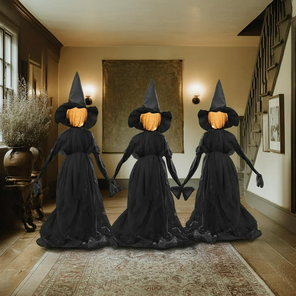 5FT Halloween Witch Stakes Set of 3, Glowing Face Light-Up Outdoor Decoration for Yard, Lawn, Porch, Garden, and Haunted House Halloween Party Display