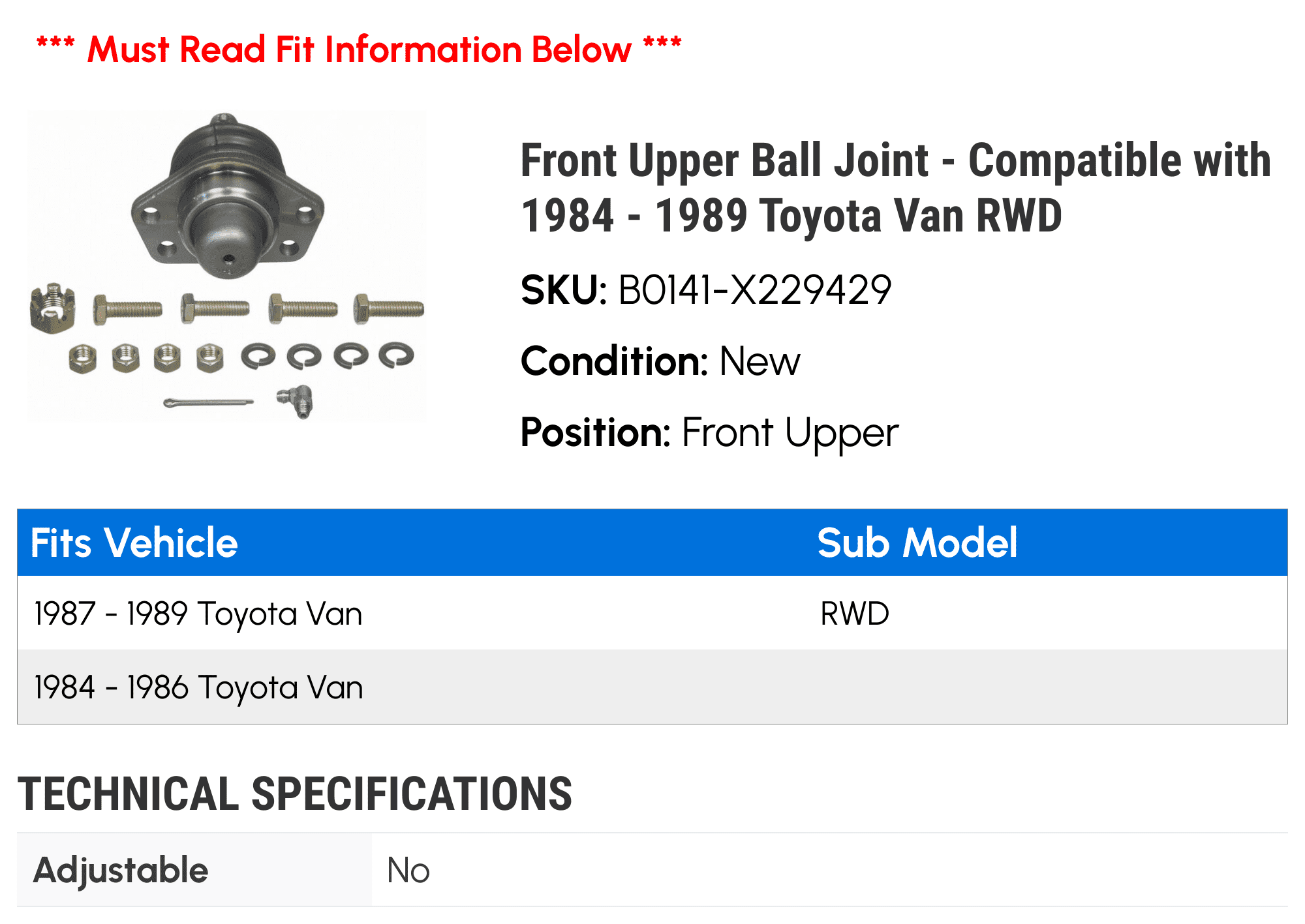 Front Upper Ball Joint - Compatible with 1984 - 1989 Toyota Van RWD - Moog