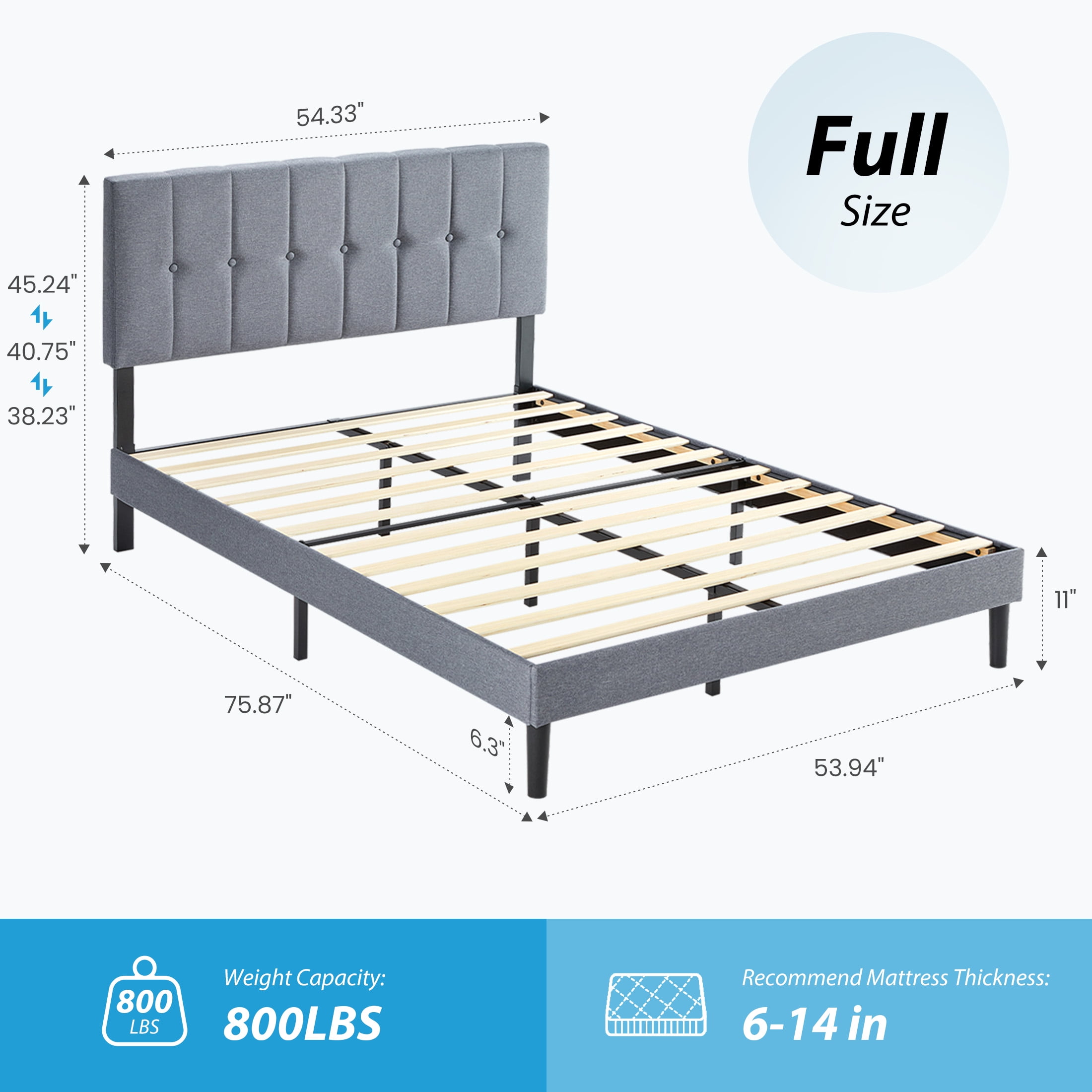 EDX Full Size Platform Bed Frame, Fully Upholstered Mattress Foundationwith Fabric Upholstered Headboard and Wooden Slats Support, No Box Spring Needed, Grey