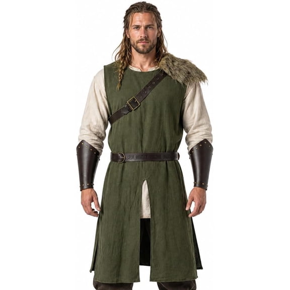 VZQI Medieval Sleeveless Tunic Set with Fur-Look Shawl, Belt and Bracers
