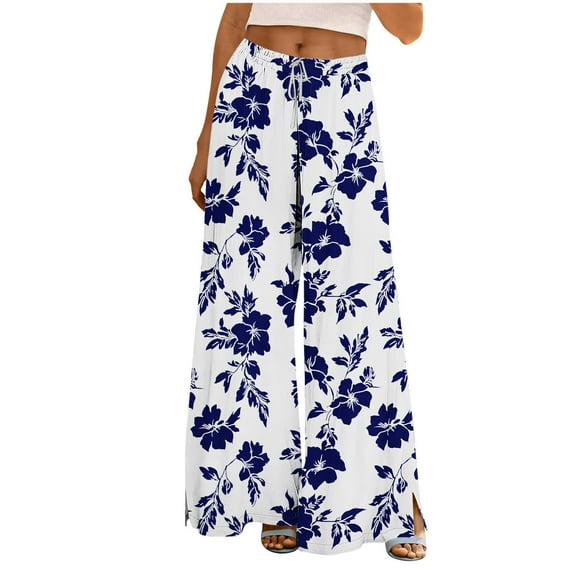 QQAMB Women Linen Pants Elastic Waisted Drawstring Strip Printed Wide Leg Casual Loose Pockets Pants Blue S