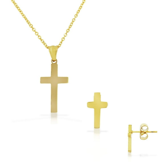 Stainless Steel Yellow Gold-Tone Latin Cross Stud Earrings Necklace Pendant Set