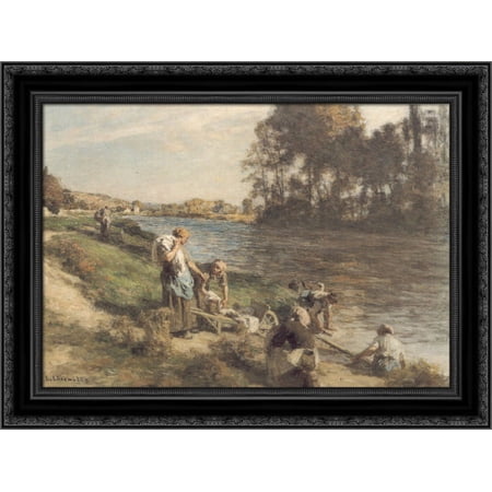 Laveuses au bord de la Marne 24x19 Black Ornate Wood Framed Canvas Art by L'Hermitte, Leon Augustin