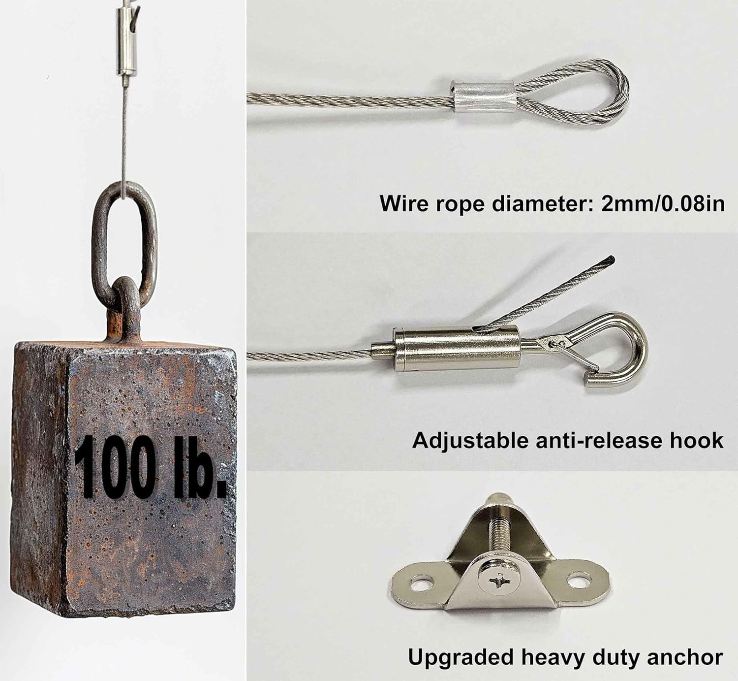 JJEAN-6 Sets Adjustable Hanging Wire Kit, Stainless Steel Multipurpose Suspension Wire Cable with Hook, Heavy Duty Anchor for Furniture, Light, Lamp, Picture, Mirror Secure to Wall or Ceiling, 40in
