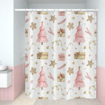 Christmas Shower Curtain, Pink Xmas Tree Pattern Star Feather Gifts Holiday Cute Winter Bath Curtain Waterproof Fabric with Hooks for Home Decor, 72Wx84H