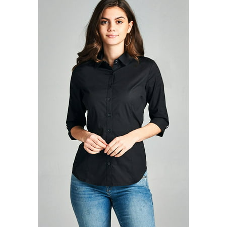 Women's Classic 3/4 Sleeve Button Down Dress Work Shirt Stretch Blouse