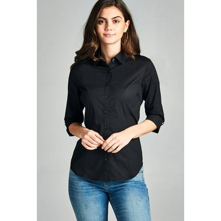 - Women's Classic 3/4 Sleeve Button Down Dress Work Shirt Stretch Blouse w/Collar