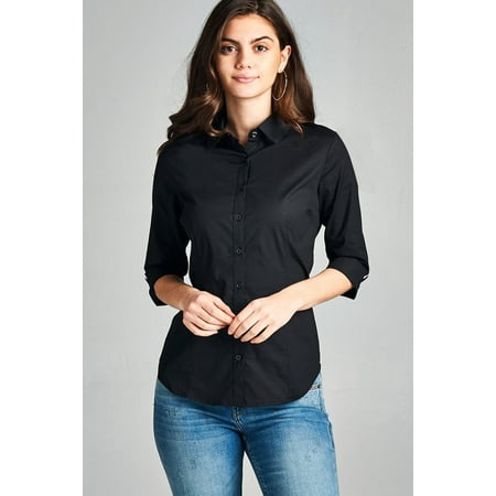 Women's Classic 3/4 Sleeve Button Down Dress Work Shirt Stretch Blouse (Best Women's Button Down Shirts)