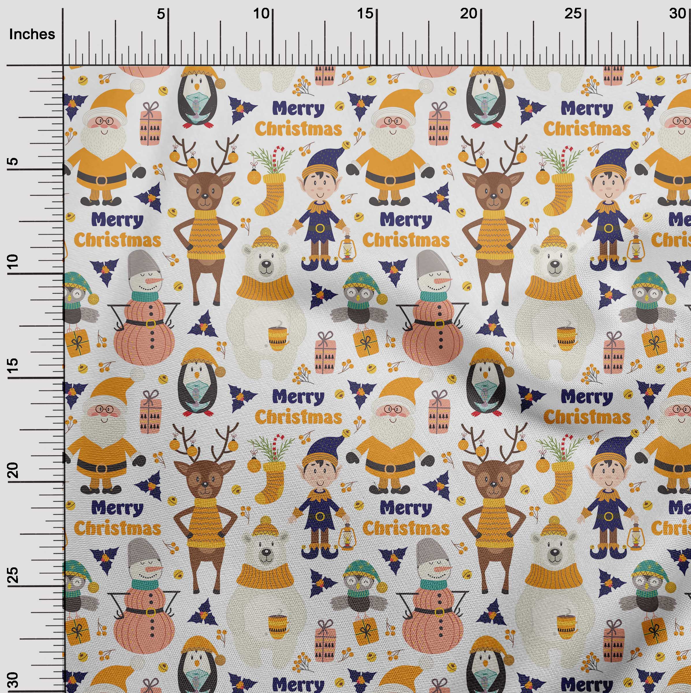 oneOone Georgette Viscose Mustard Yellow Fabric Snowman|Gift Box & Santa Christmas Quilting Supplies Print Sewing Fabric By The Yard 42 Inch Wide