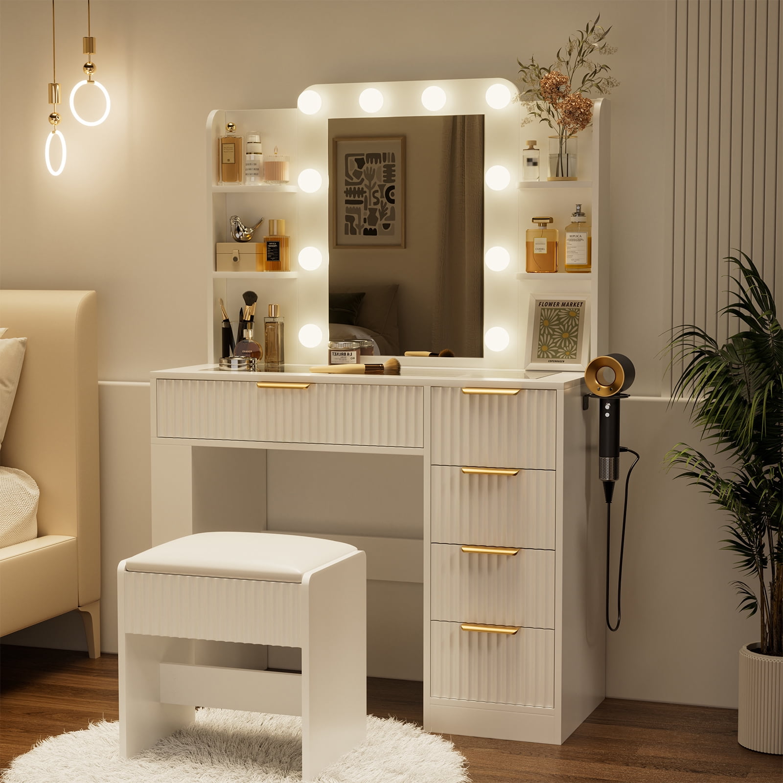 Hommoo Vanity Desk with Mirror and 3 Colors Lights, Makeup Vanity Set Dressing Table with Charging Station, Transparent Tabletop, 5 Drawers & Open Storage for Bedroom, White