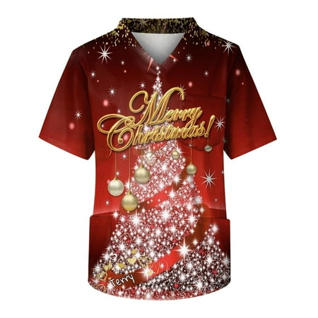

Biziza Womens Scrubs Tops Clearance Christmas Western Short Sleeve Plus Size Fitted Scrubs V Neck Ladies Women s Shirts Slim Fit Christmas Cotton T Shirts Women Wine M