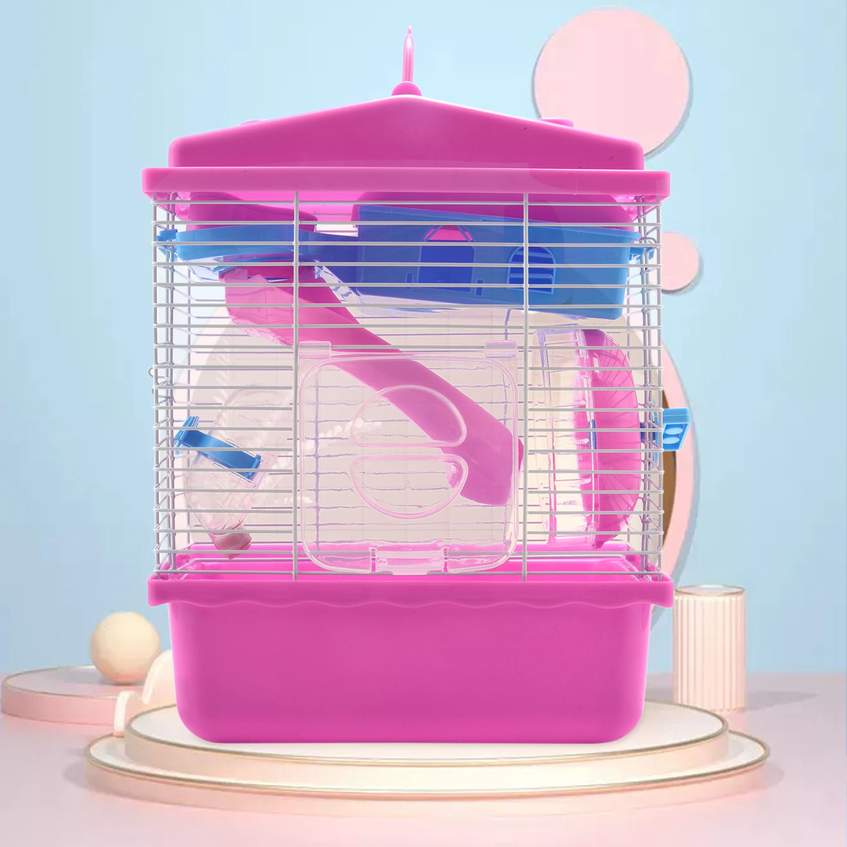 Pet Cage Hamster Cottage with Transparent Skylight Double Layer House for Golden Pink