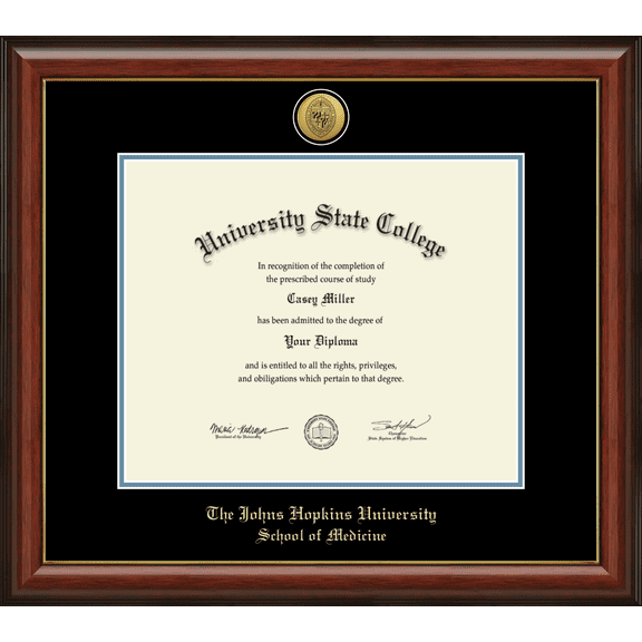 Johns Hopkins University School of Medicine Diploma Frame, Document Size 17" x 14"