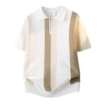 thumbnail image 5 of LEKWK Mens Stripe Shirt Short Sleeve Quarter Zip Collared Tees Lightweight Ribbed Hem Retro Casual Golf Tops Resort Vacation Summer Shirts Khaki XL, 5 of 6
