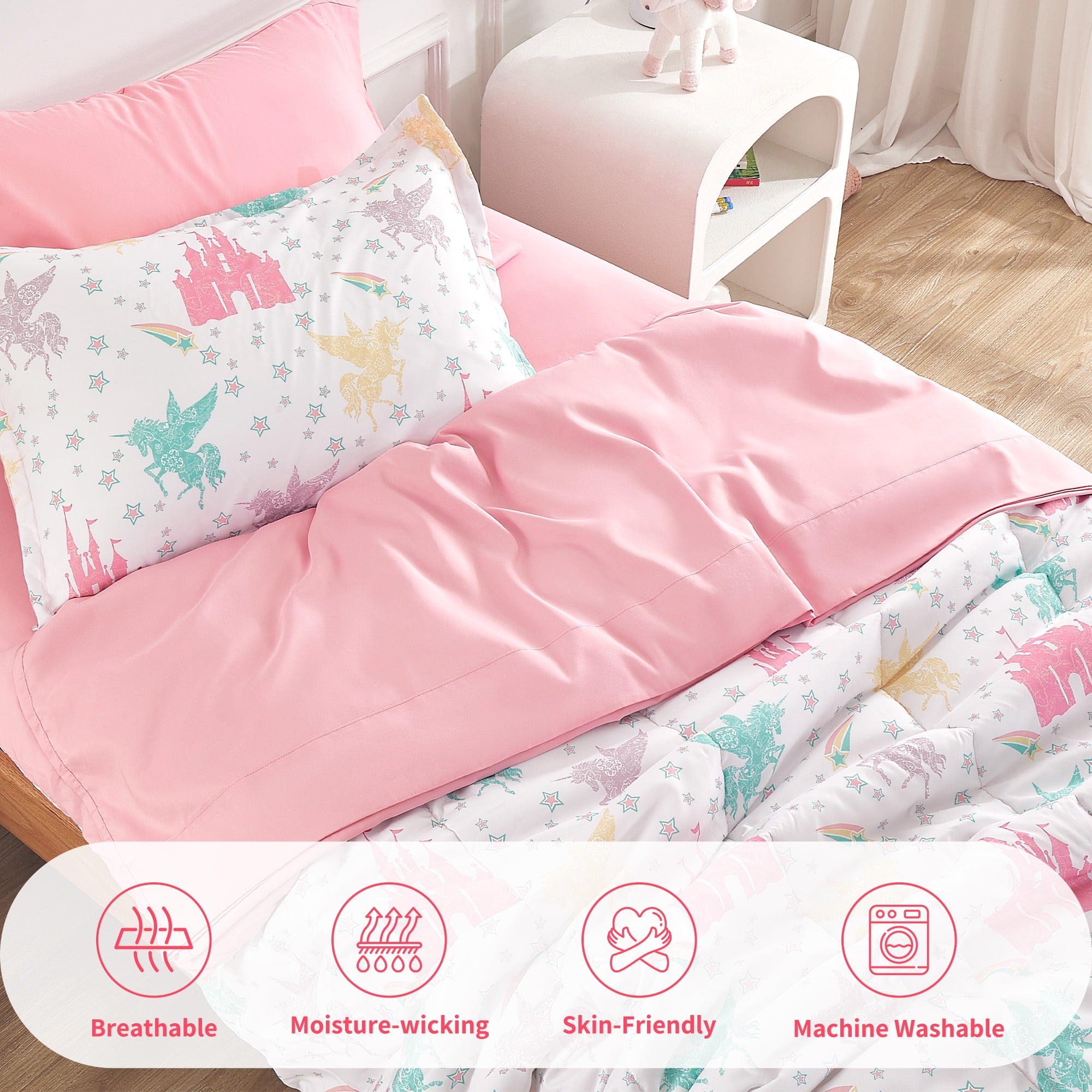 Sonive Twin Kids Comforter Set, 5 Pieces Super Soft and Fluffy Bedding Set, Pink Castle