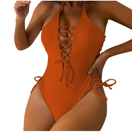 Xfvqtps Womens One Piece Swimsuit Halter High Cut Waist with Drawstring Deep V Neck Chest Lace up Cross Straps Tummy Control Backless Beach Summer Monokini Thong Bathing Suit Orange