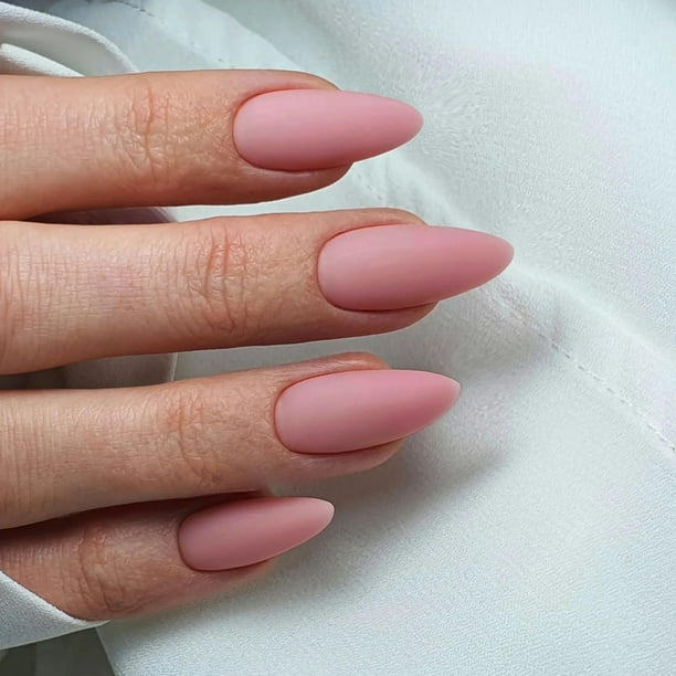 Uñas postizas de color rosa oscuro mate, uñas en forma de almendra, uñas postizas medianas, uñas acrílicas cortas de almendra, pegamento en las uñas, uñas postizas medianas para mujeres, uñas gruesas