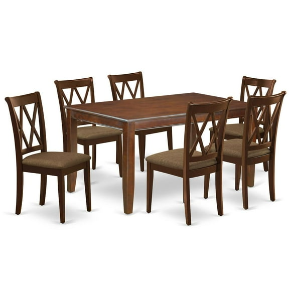 DUCL7-MAH-C 7Pc Dinette Set Includes a Rectangular Kitchen Table and Six Double X Back Linen seat Dining Chairs, Mahogany Finish