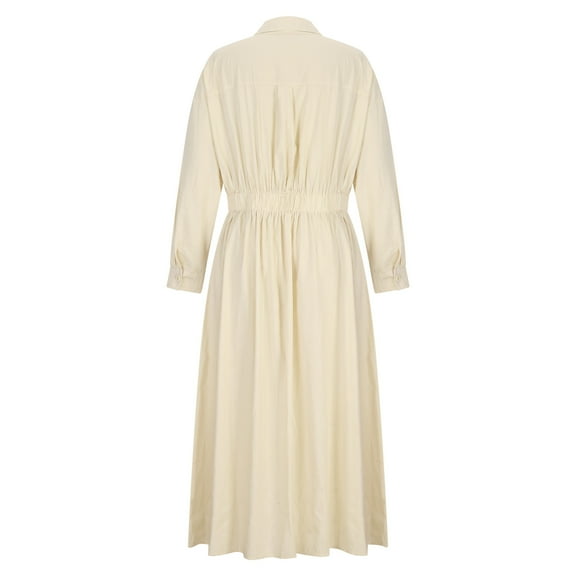 LLYwey Wedding Guest Dresses for Women formal Fashion Turndown Collar Loose Cotton Linen Long Sleeve Tightness High Waist Dress New Maxi Dresses Beige Xxl
